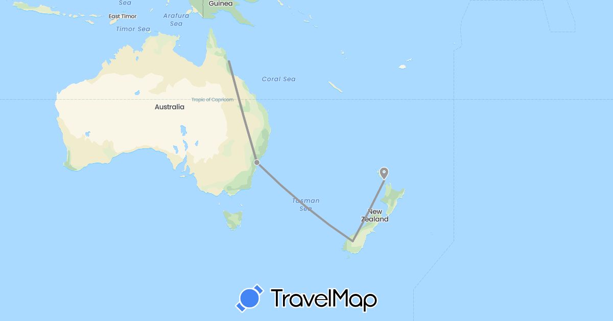 TravelMap itinerary: driving, plane in Australia, New Zealand (Oceania)